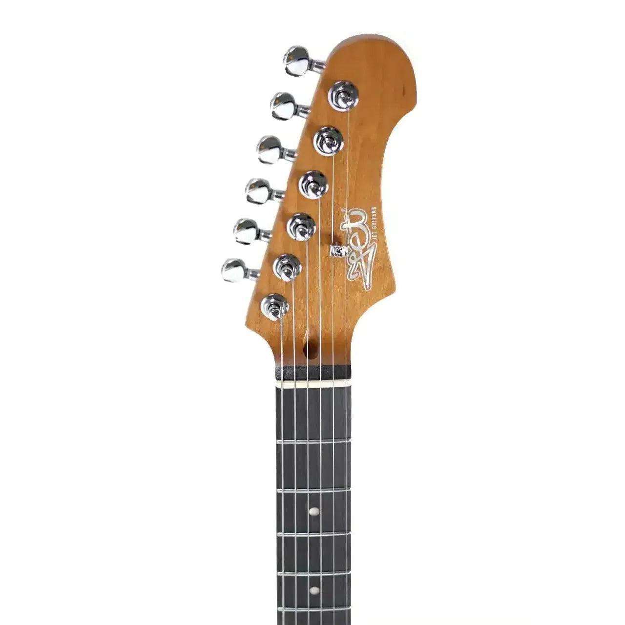 Jet JT-350 BK R Telecaster electric guitar headstock with chrome locking tuners and roasted maple neck.