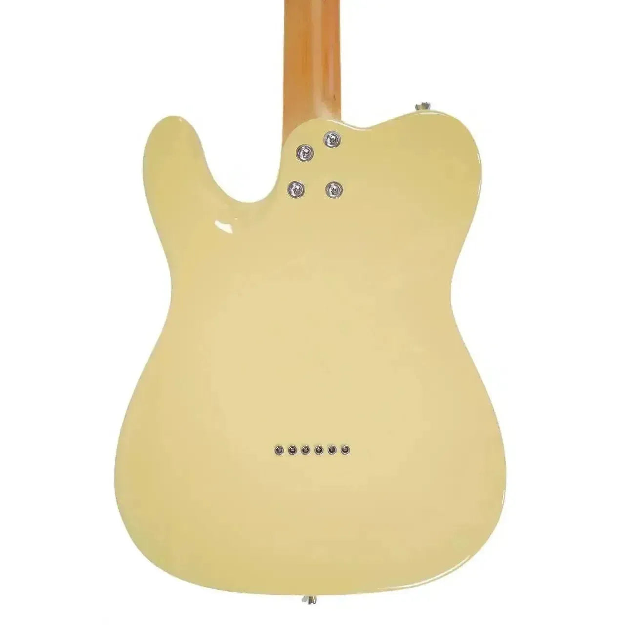 Back of a Jet JT-350 BSC Butterscotch Telecaster electric guitar with a light maple neck.