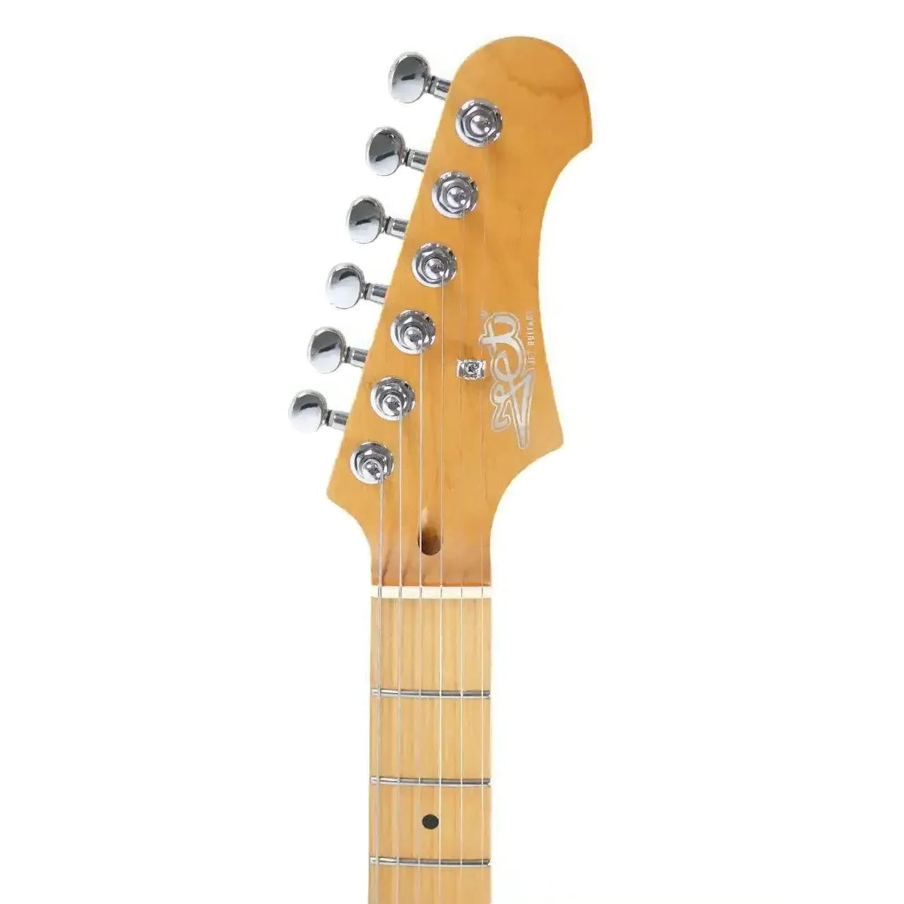 Jet JT-350 Telecaster electric guitar headstock with maple neck, chrome tuners, and "Jet" logo.