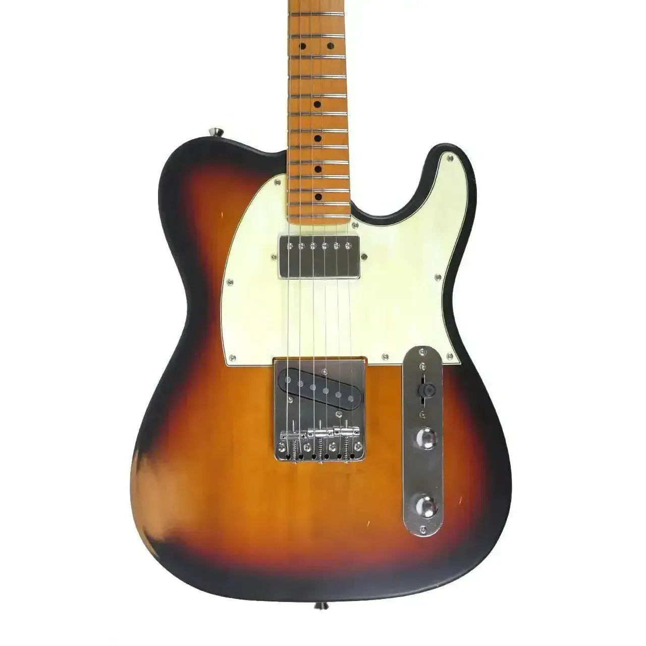 Jet JT-350-RLC Sunburst Distressed Telecaster electric guitar with aged chrome hardware and maple neck.