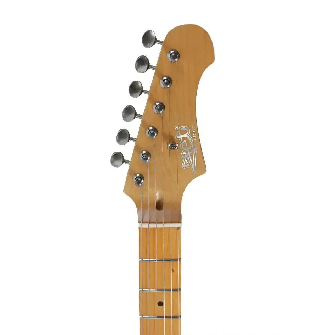 Jet Telecaster electric guitar headstock with maple neck, aged chrome tuners, and Jet Guitars logo.