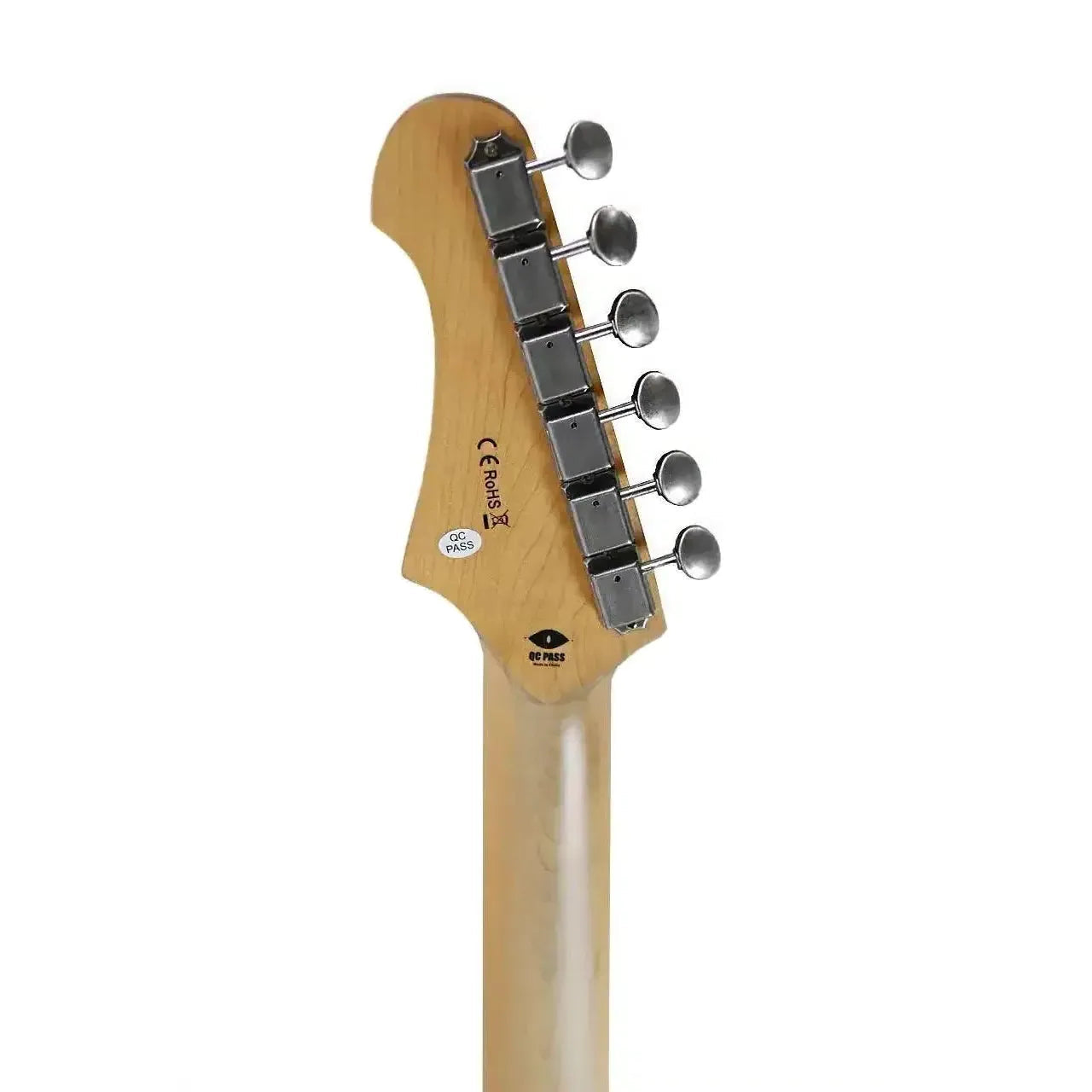 Back of a Jet JT-350-RLC Telecaster electric guitar headstock with aged chrome tuners and maple neck.