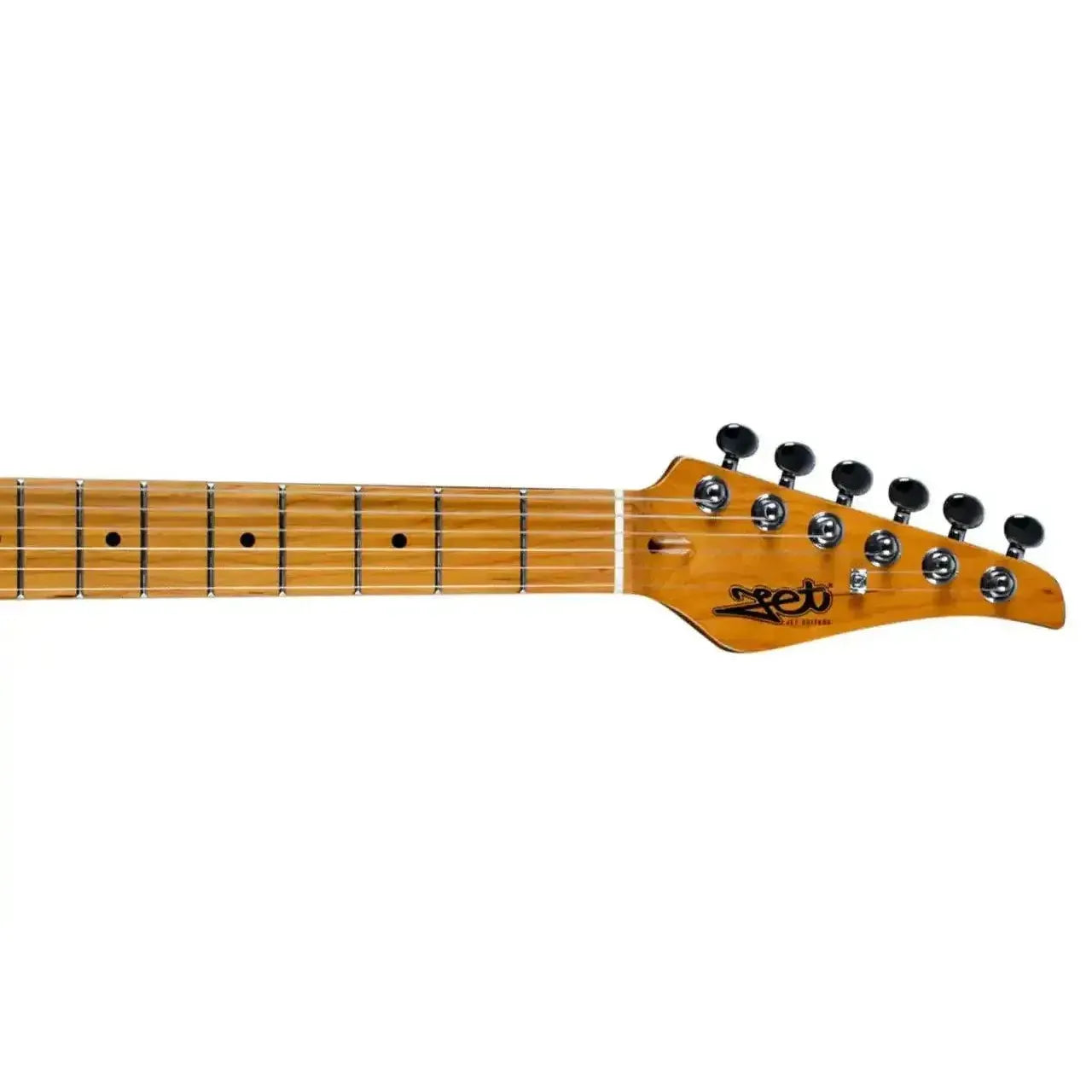 Jet JT-450 electric guitar headstock and neck with roasted maple fretboard and black tuners.