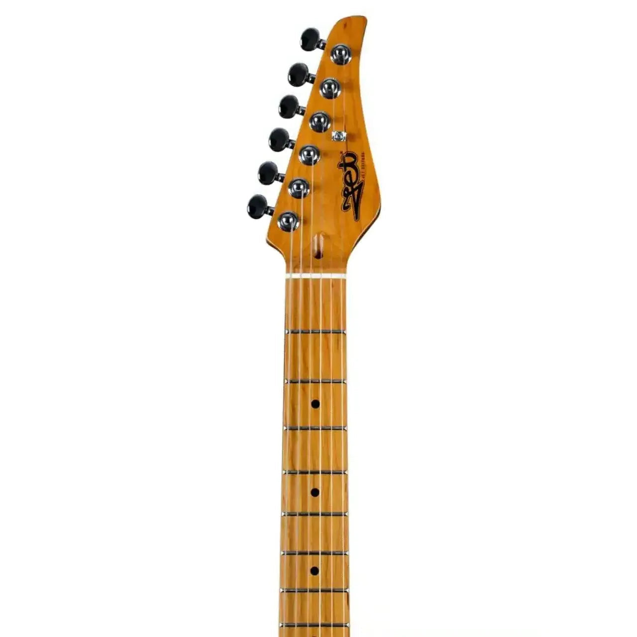 Jet JT-450 electric guitar headstock and neck with roasted maple fretboard and black tuners.