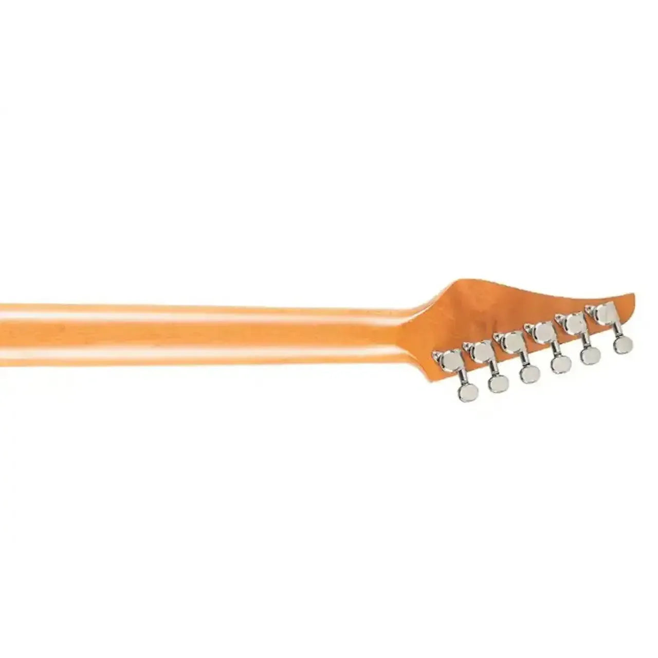 Jet JT-450 electric guitar's roasted maple neck and headstock with chrome tuners.