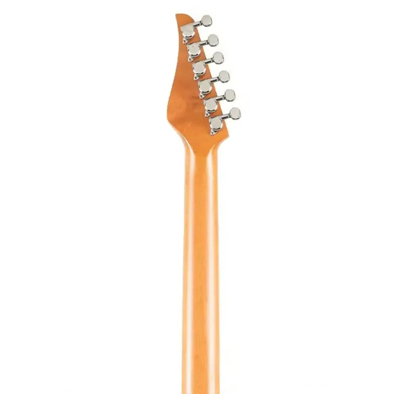 Jet JT-450 electric guitar's roasted maple neck and headstock with chrome tuners.