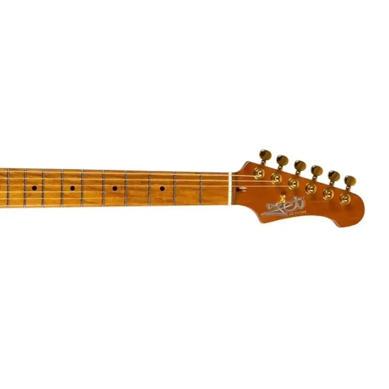 Jet JT-600 BS G Telecaster electric guitar neck and headstock with gold tuners and roasted maple fretboard.