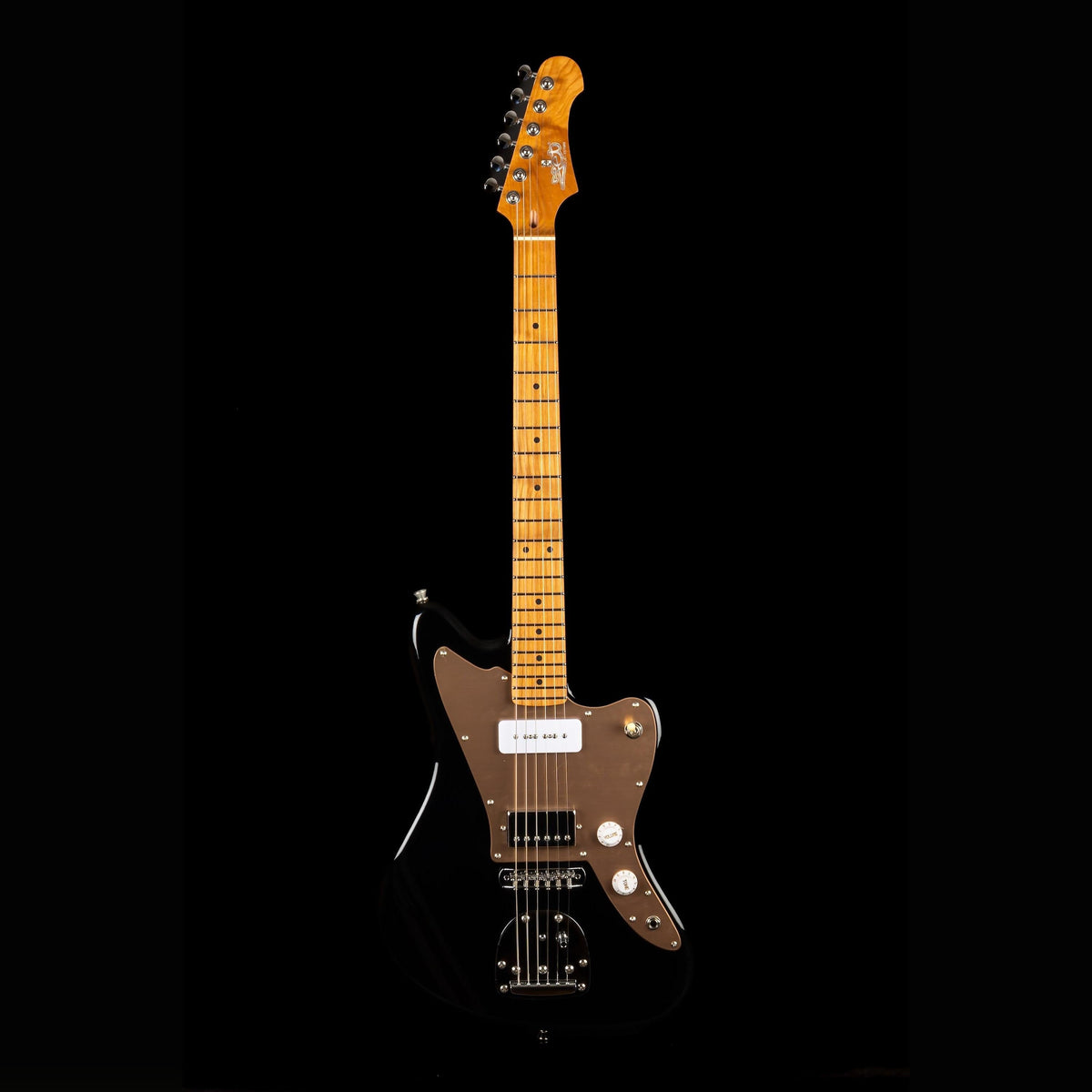 Jet JJ-350 solid body electric guitar in black with a brown pickguard and maple neck, full-length front view