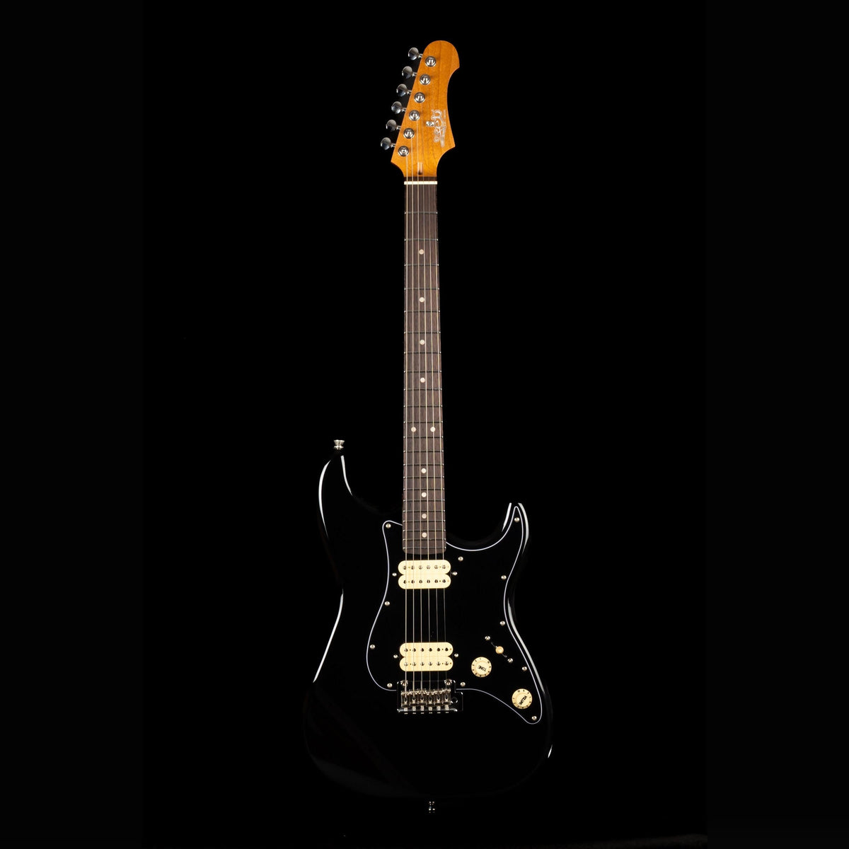 Jet JS-400 solid body Stratocaster-style electric guitar in black with humbuckers, full-length front view