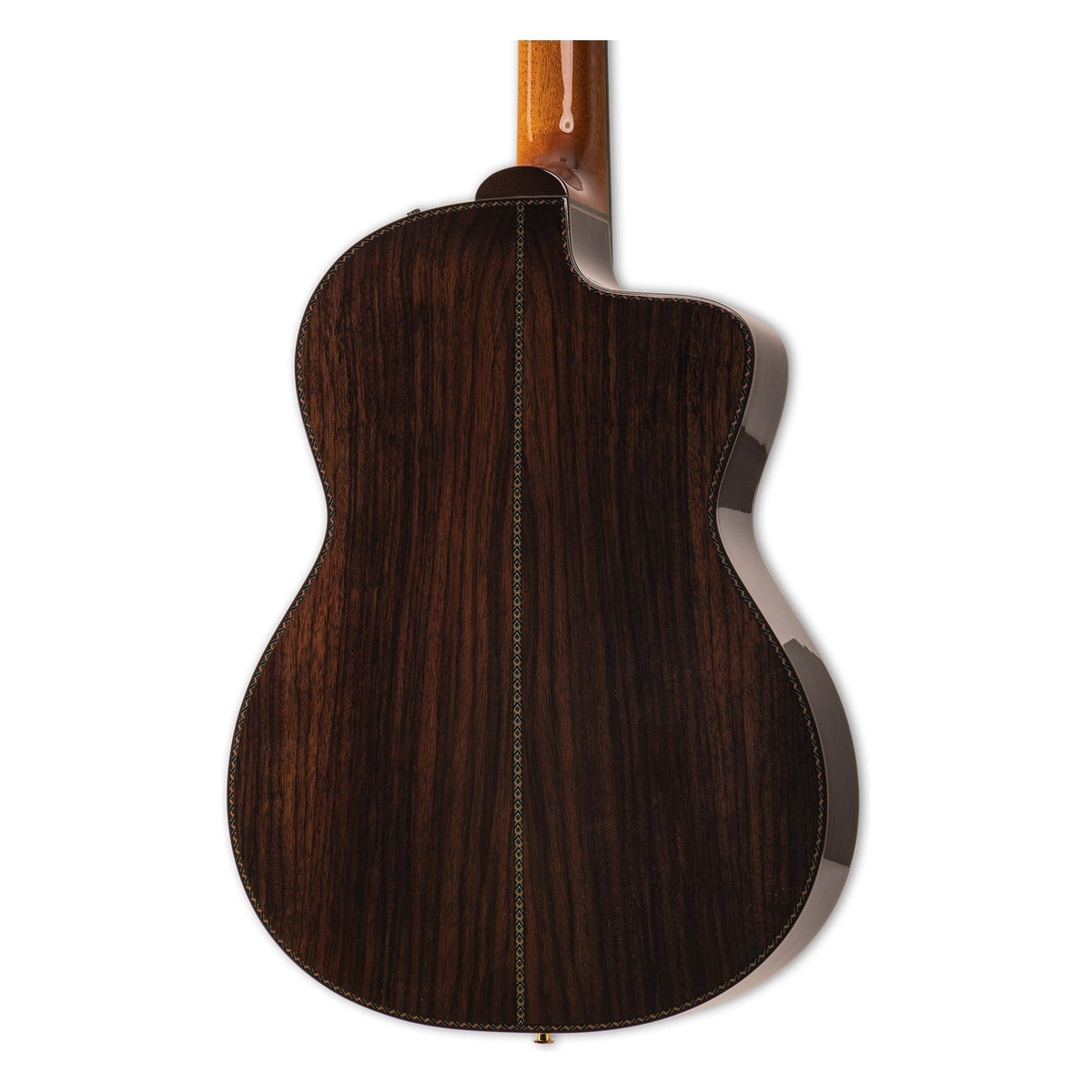 Mirrored from the right-handed model to show the left-handed layout: back of the Takamine DH90 body with the solid rosewood back and the heel of the mahogany neck.