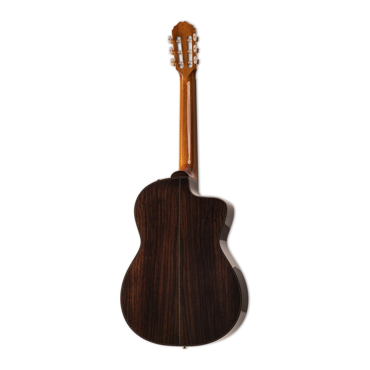 Mirrored from the right-handed model to show the left-handed layout: full back view of the Takamine DH90 with the mahogany neck and solid rosewood back.