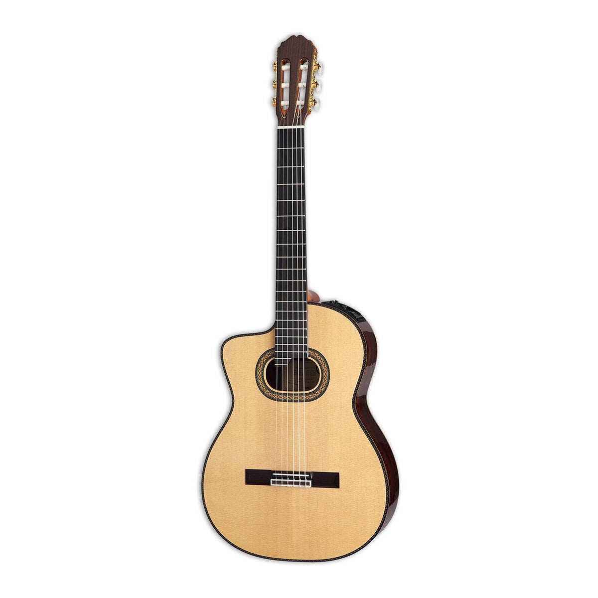 Mirrored from the right-handed model to show the left-handed layout: full front view of the Takamine DH90 classical cutaway guitar standing upright with the headstock at the top.