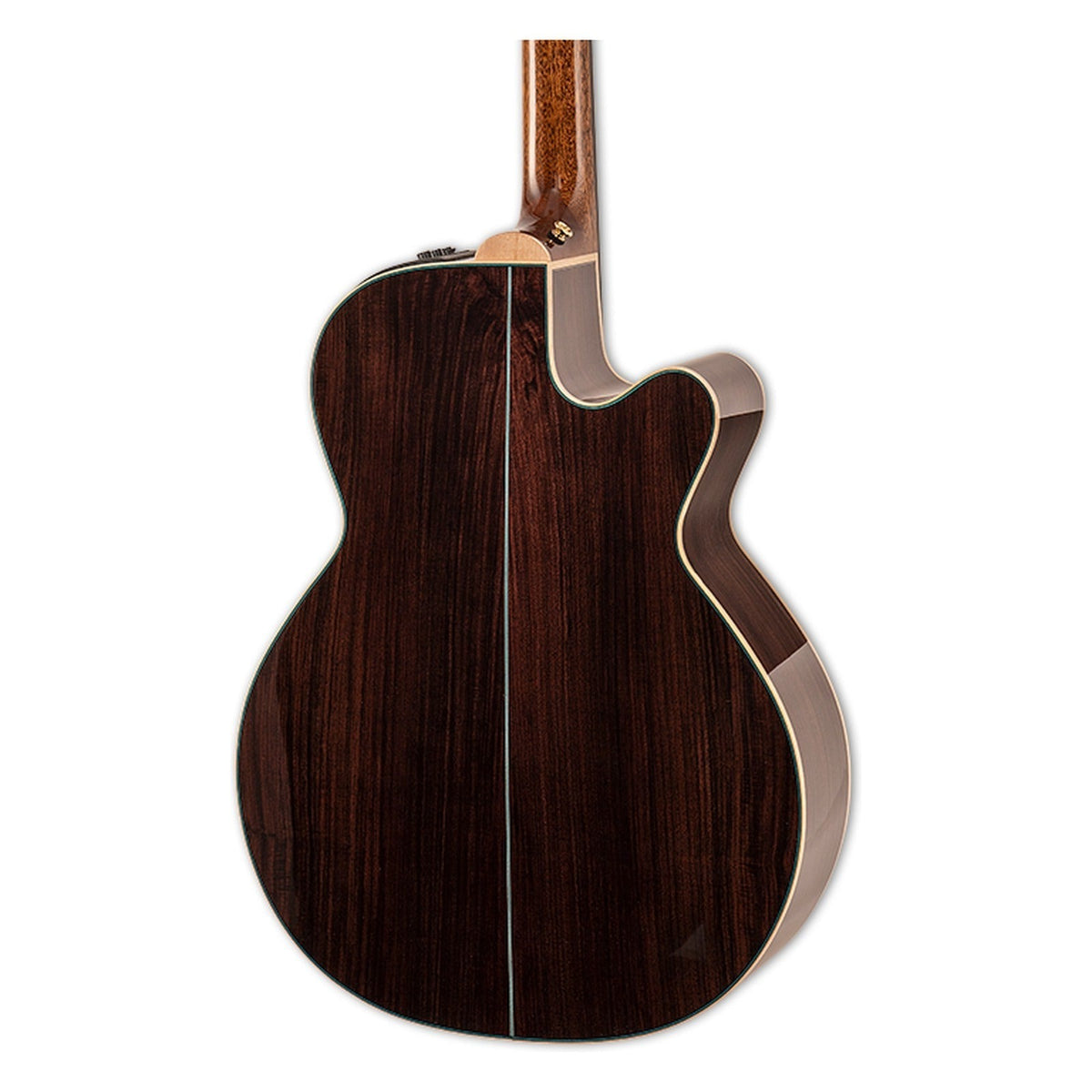 Mirrored from the right-handed model to show the left-handed layout: back of the Takamine DSF48C body with the solid rosewood back and the heel of the mahogany neck.