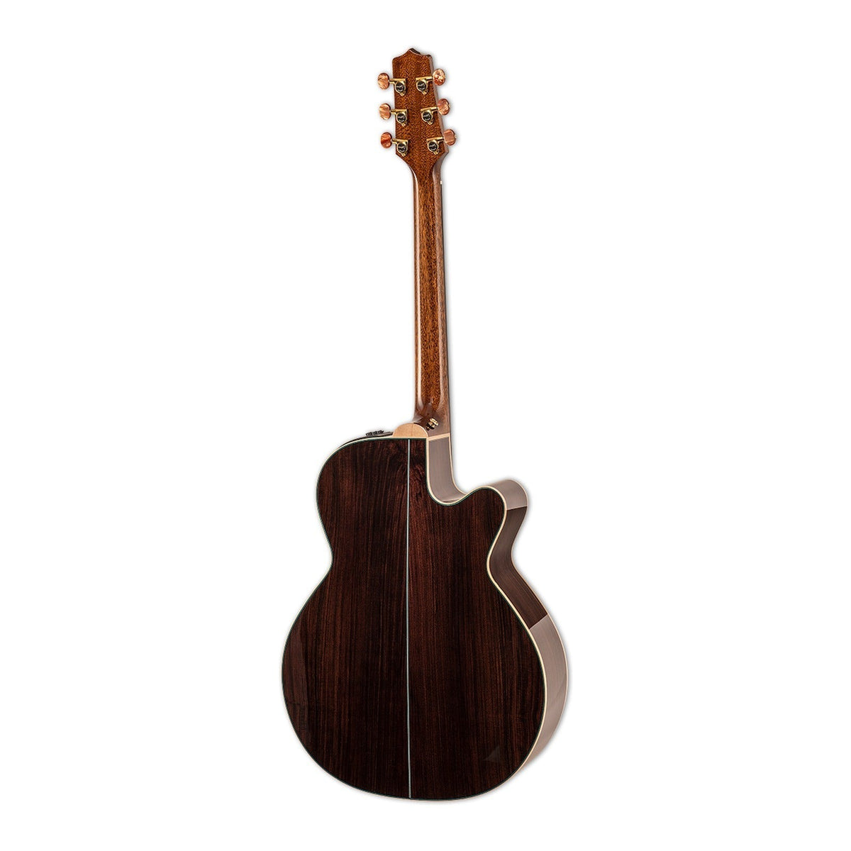 Mirrored from the right-handed model to show the left-handed layout: full back view of the Takamine DSF48C with the mahogany neck and solid rosewood back.