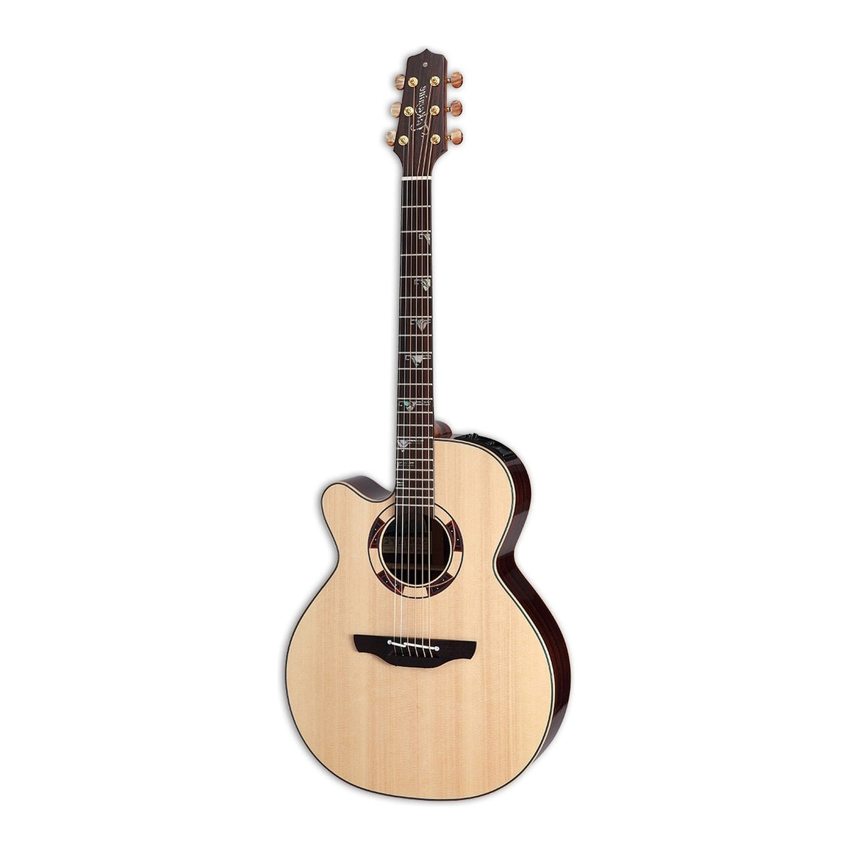 Mirrored from the right-handed model to show the left-handed layout: full front view of the Takamine DSF48C NEX cutaway guitar standing upright with the headstock at the top.