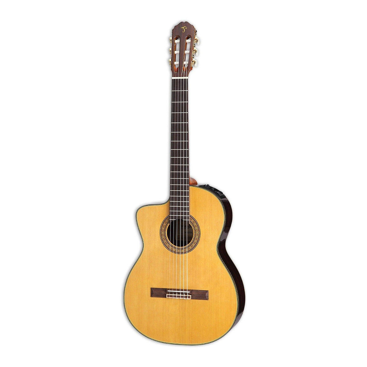 Mirrored from the right-handed model to show the left-handed layout: full front view of the Takamine EC132SC classical cutaway guitar standing upright with the headstock at the top.