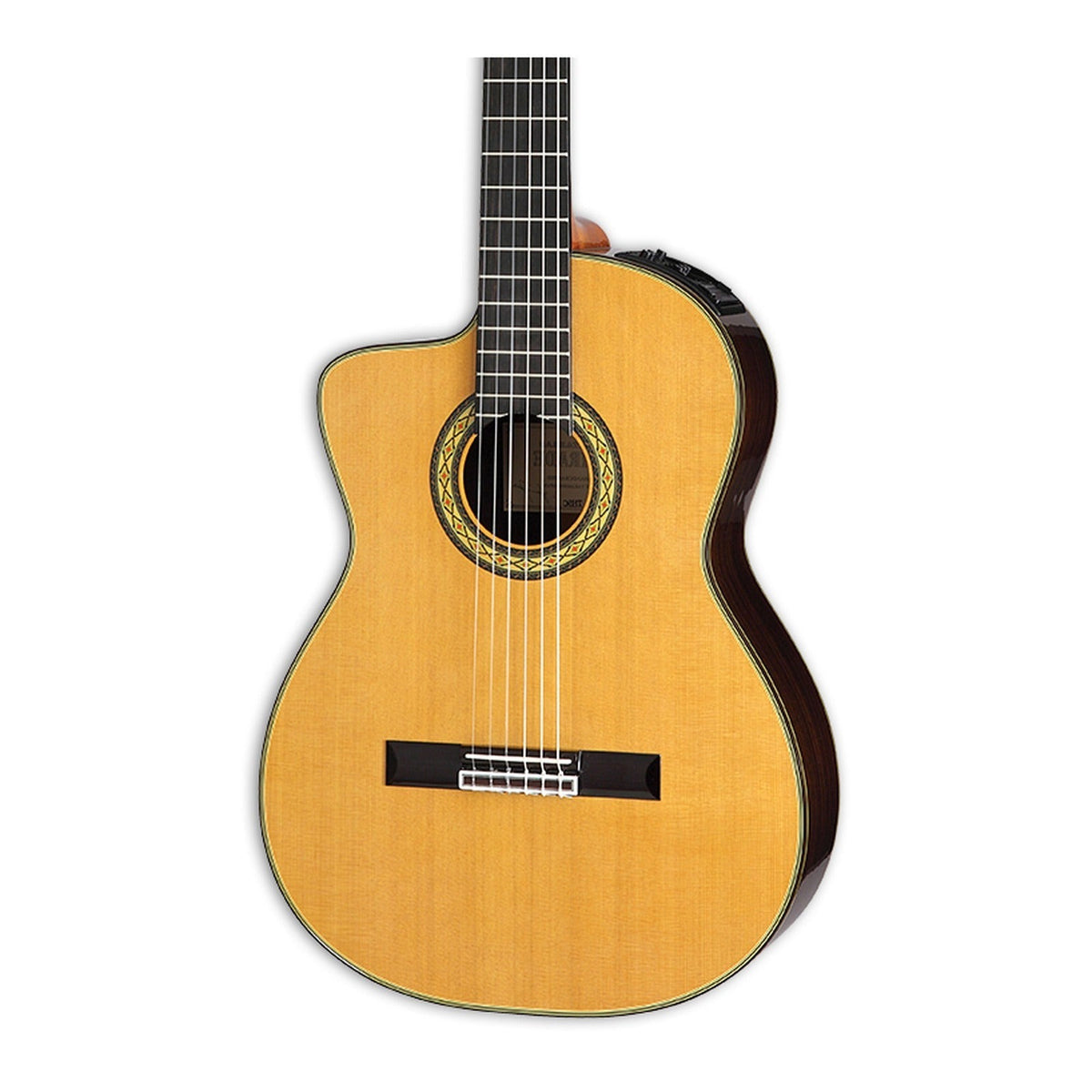 Mirrored from the right-handed model to show the left-handed layout: front of the Takamine EH5C classical guitar body, solid cedar top, cutaway, mosaic rosette and ebony fingerboard.
