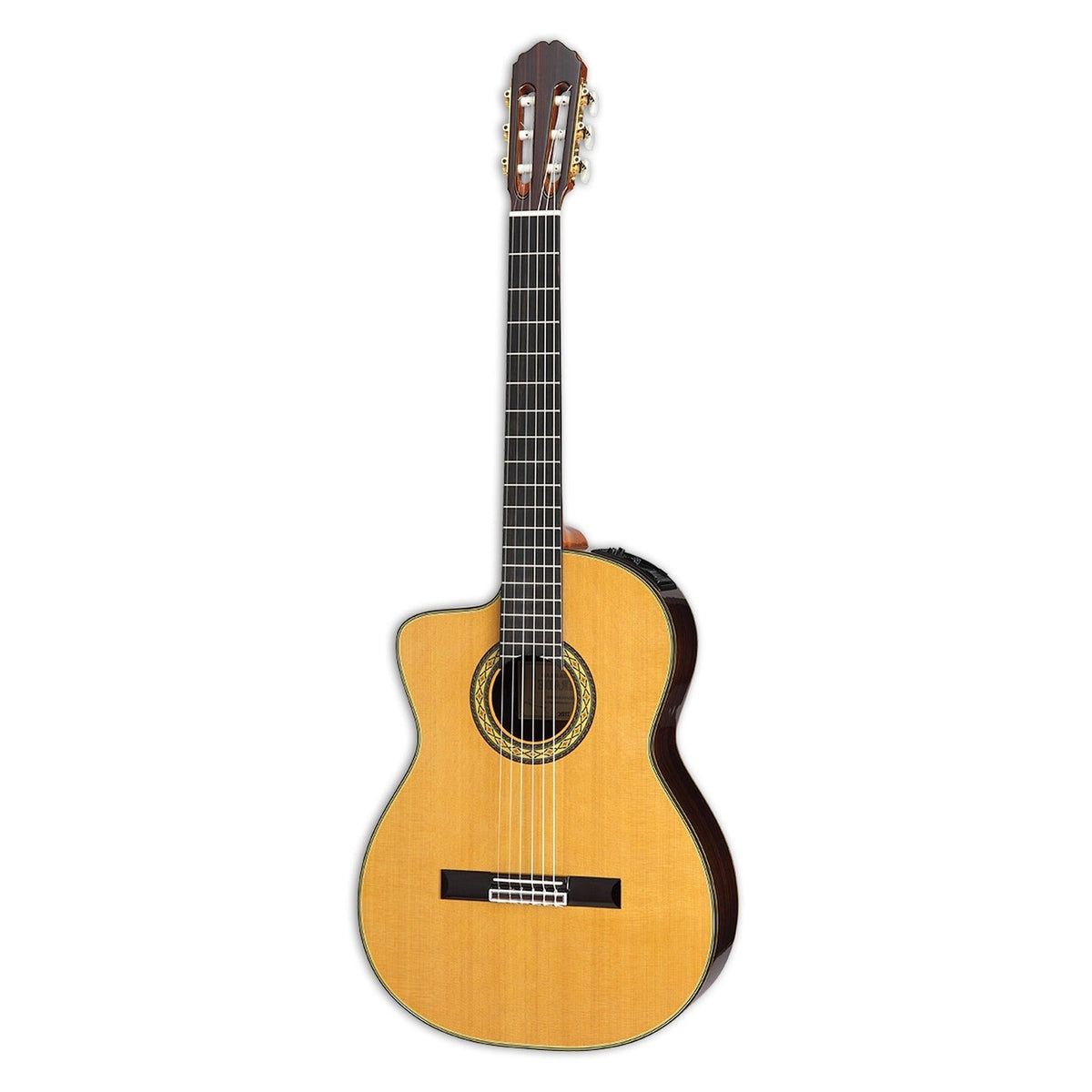 Mirrored from the right-handed model to show the left-handed layout: full front view of the Takamine EH5C cutaway classical guitar standing upright, with a slotted headstock and gold tuners.