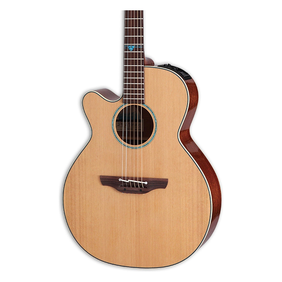 Mirrored from the right-handed model to show the left-handed layout: front of the Takamine FSF40C body in a gloss natural finish, solid cedar top, cutaway, soundhole rosette and the lower fretboard.