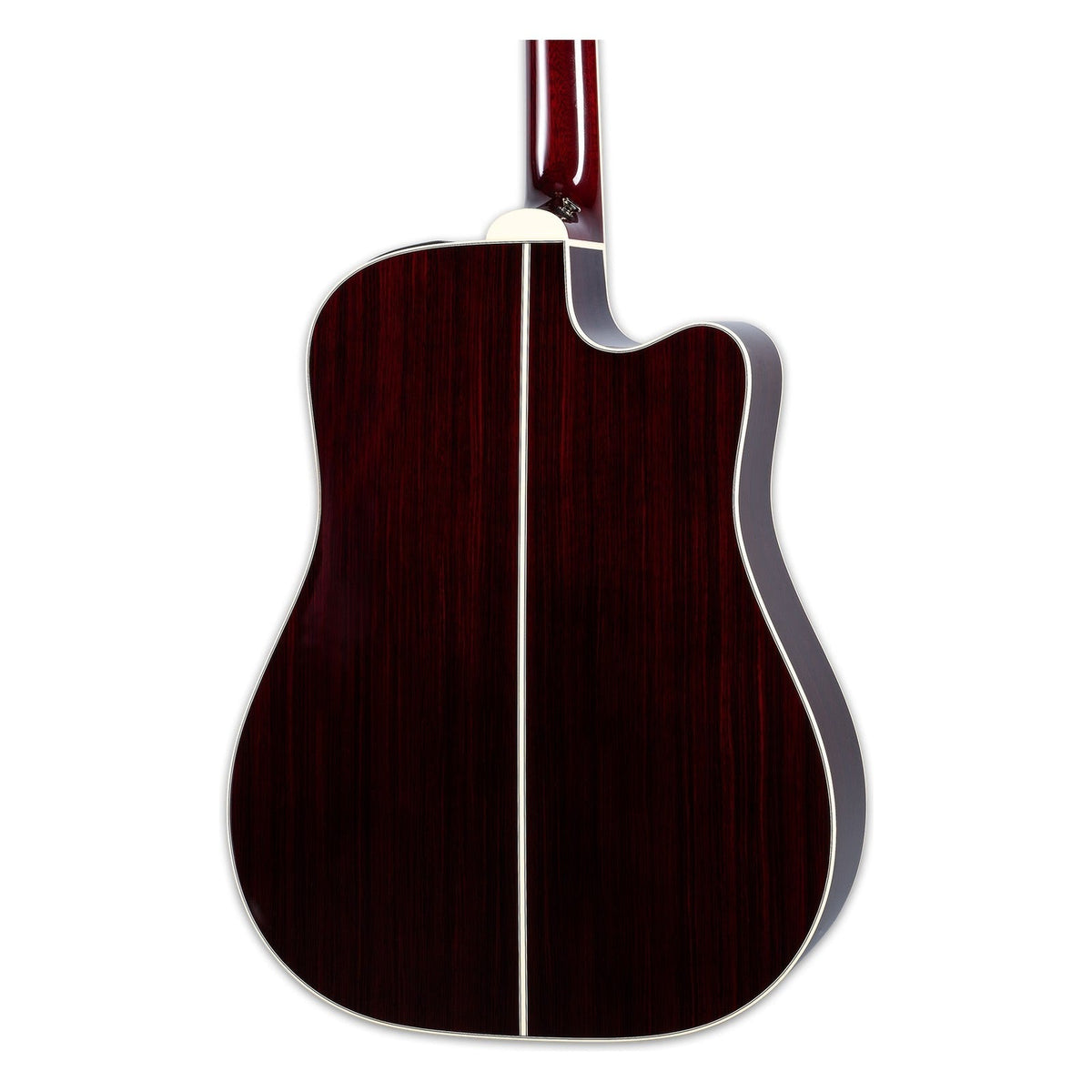 Mirrored from the right-handed model to show the left-handed layout: back of the Takamine JJ325SRCL body with the Wonder Rosewood back and the heel of the mahogany neck.