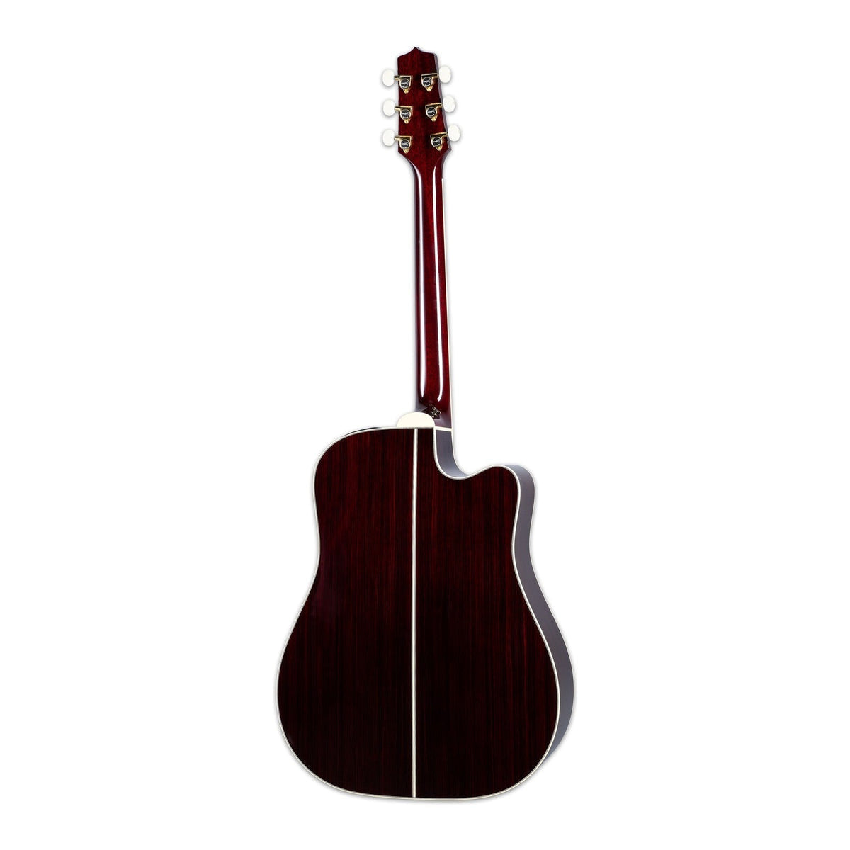 Mirrored from the right-handed model to show the left-handed layout: full back view of the Takamine JJ325SRCL with the mahogany neck and Wonder Rosewood back.