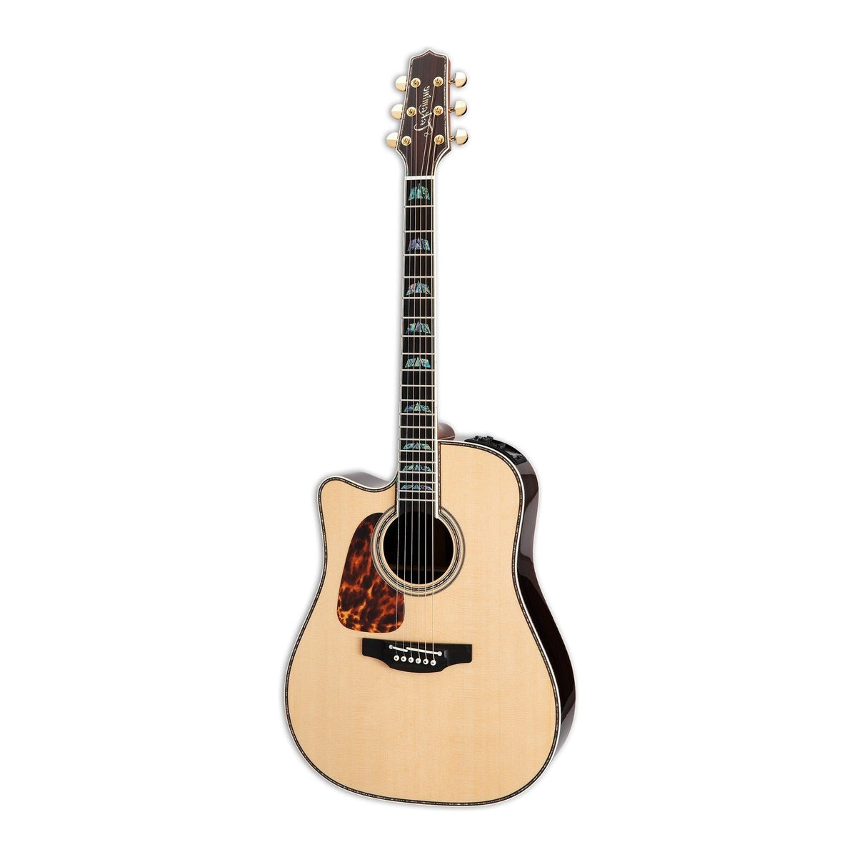 Mirrored from the right-handed model to show the left-handed layout: full front view of the Takamine P10DC dreadnought cutaway guitar standing upright with the headstock at the top.