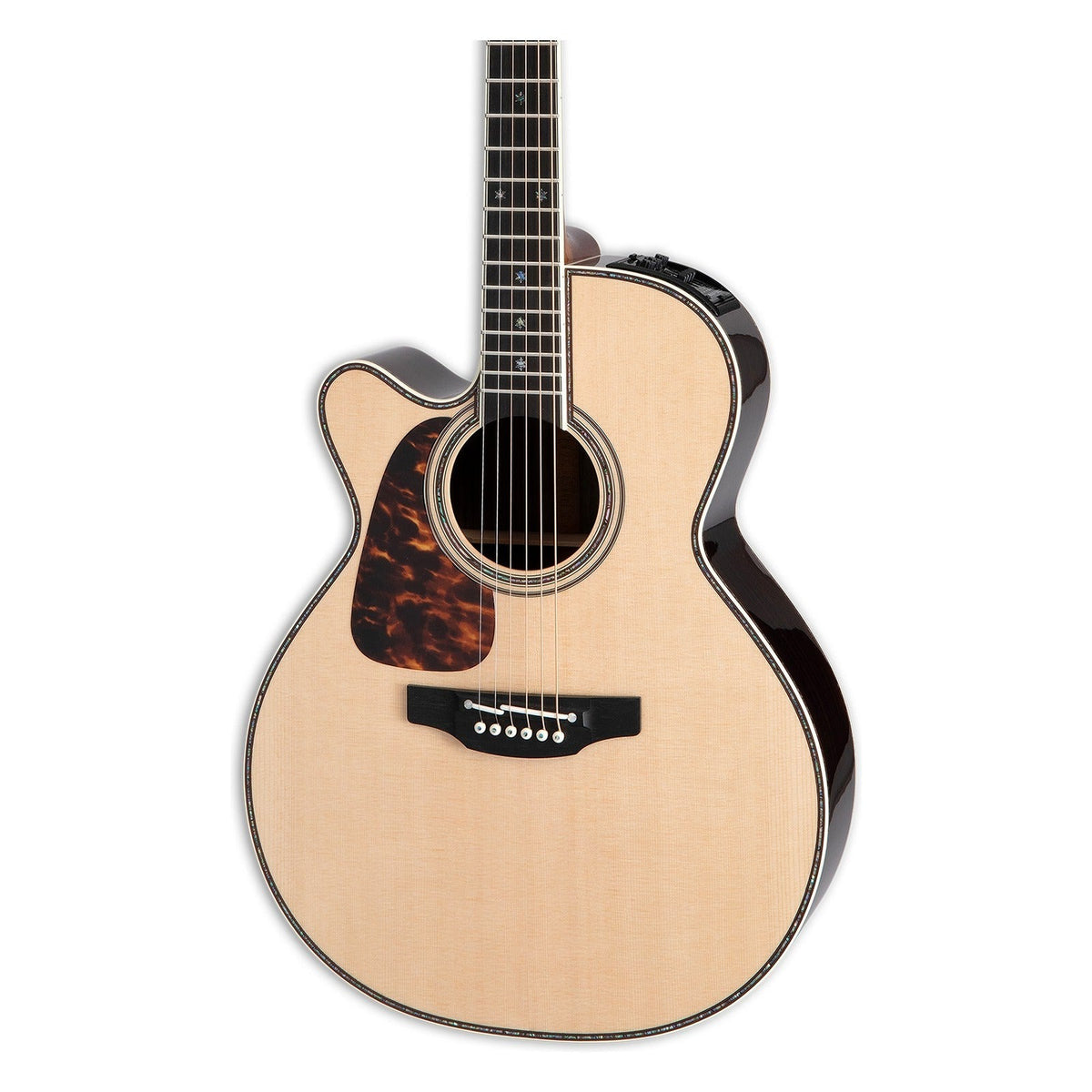 Mirrored from the right-handed model to show the left-handed layout: front of the Takamine P10NC body in a gloss natural finish, solid spruce top, cutaway, soundhole rosette and the lower fretboard.