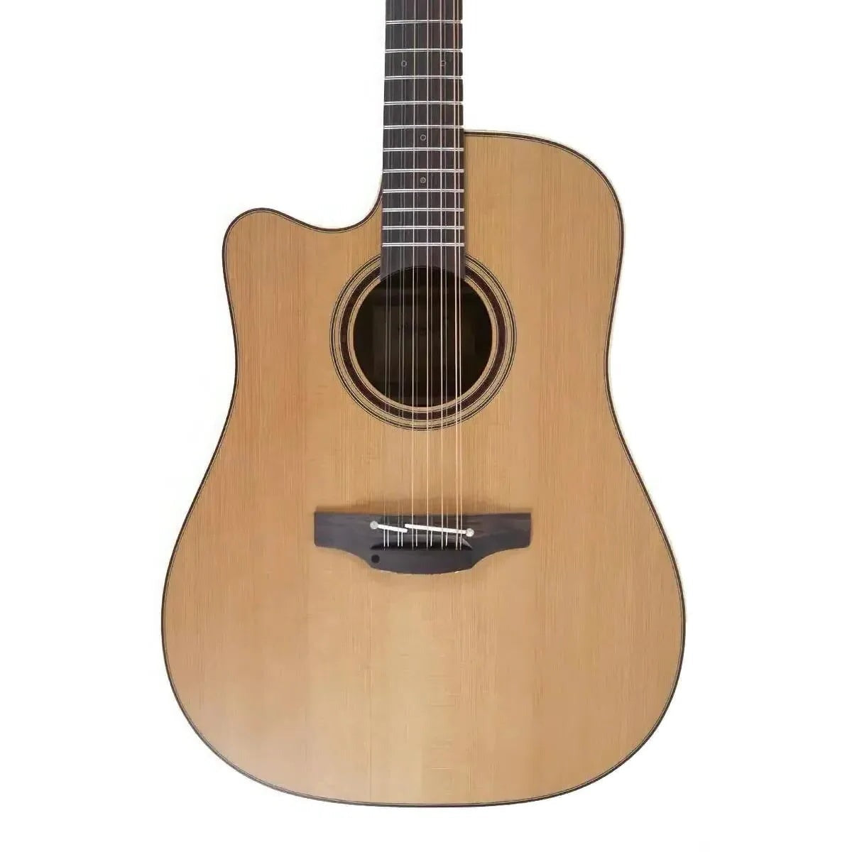 Mirrored from the right-handed model to show the left-handed layout: Takamine P3DC-12 12-string dreadnought cutaway acoustic-electric guitar with a solid cedar top and dark bridge.
