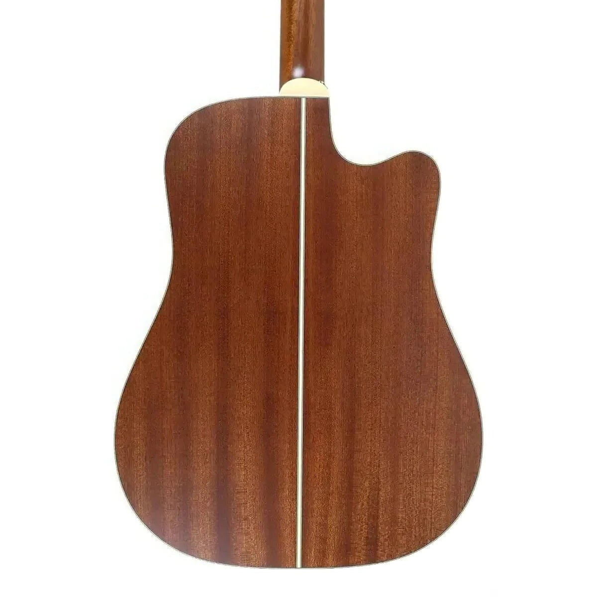 Mirrored from the right-handed model to show the left-handed layout: back of the Takamine P3DC-12 with the solid sapele back.