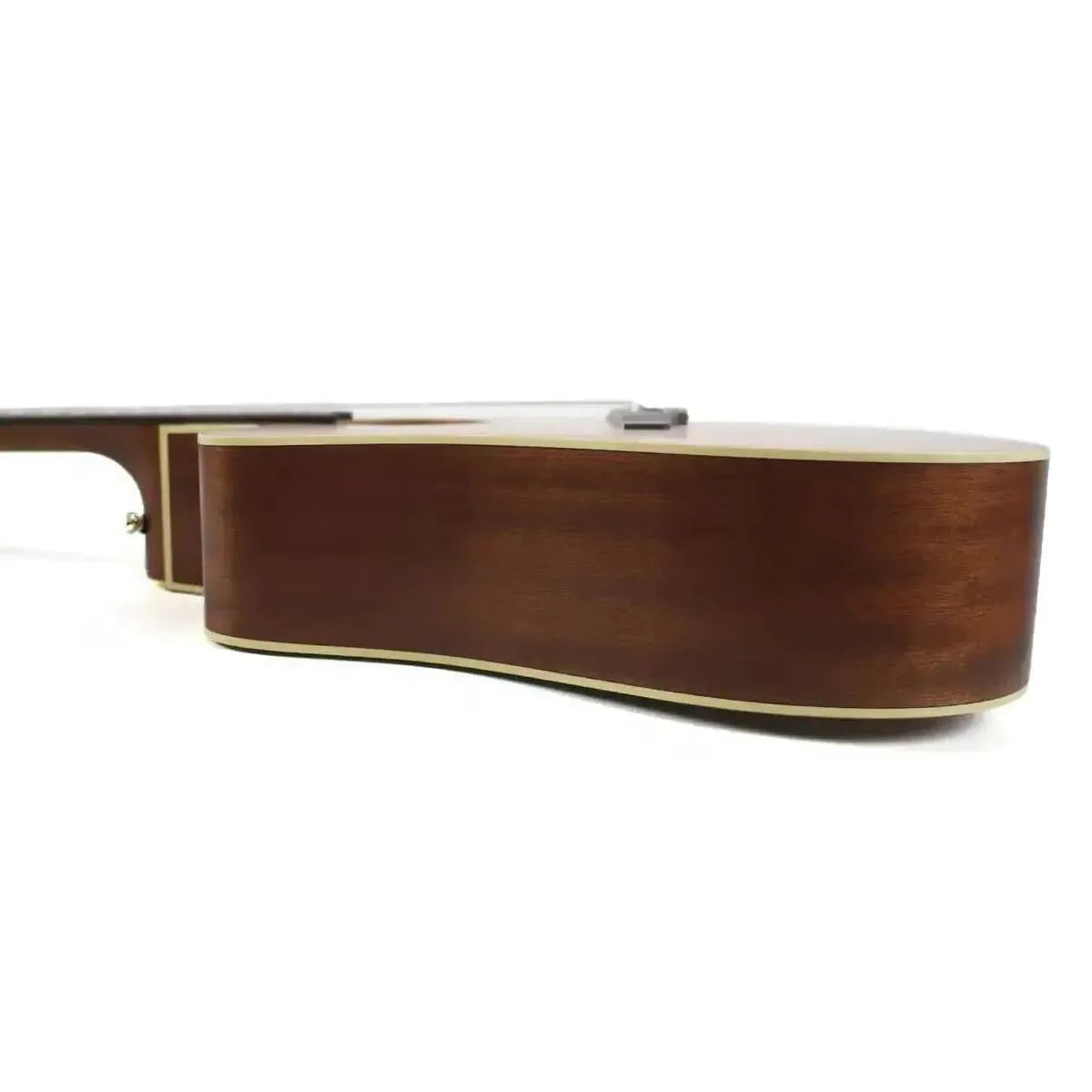 Mirrored from the right-handed model to show the left-handed layout: side view of the Takamine P3DC-12 with sapele sides and light binding.