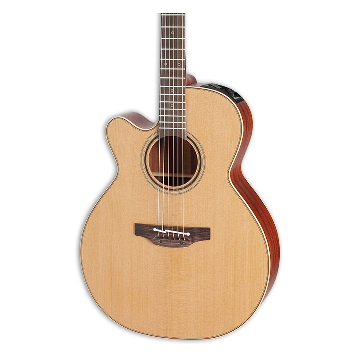 Mirrored from the right-handed model to show the left-handed layout: front of the Takamine P3NC body in a natural satin finish, solid cedar top, cutaway, soundhole rosette and the lower fretboard.