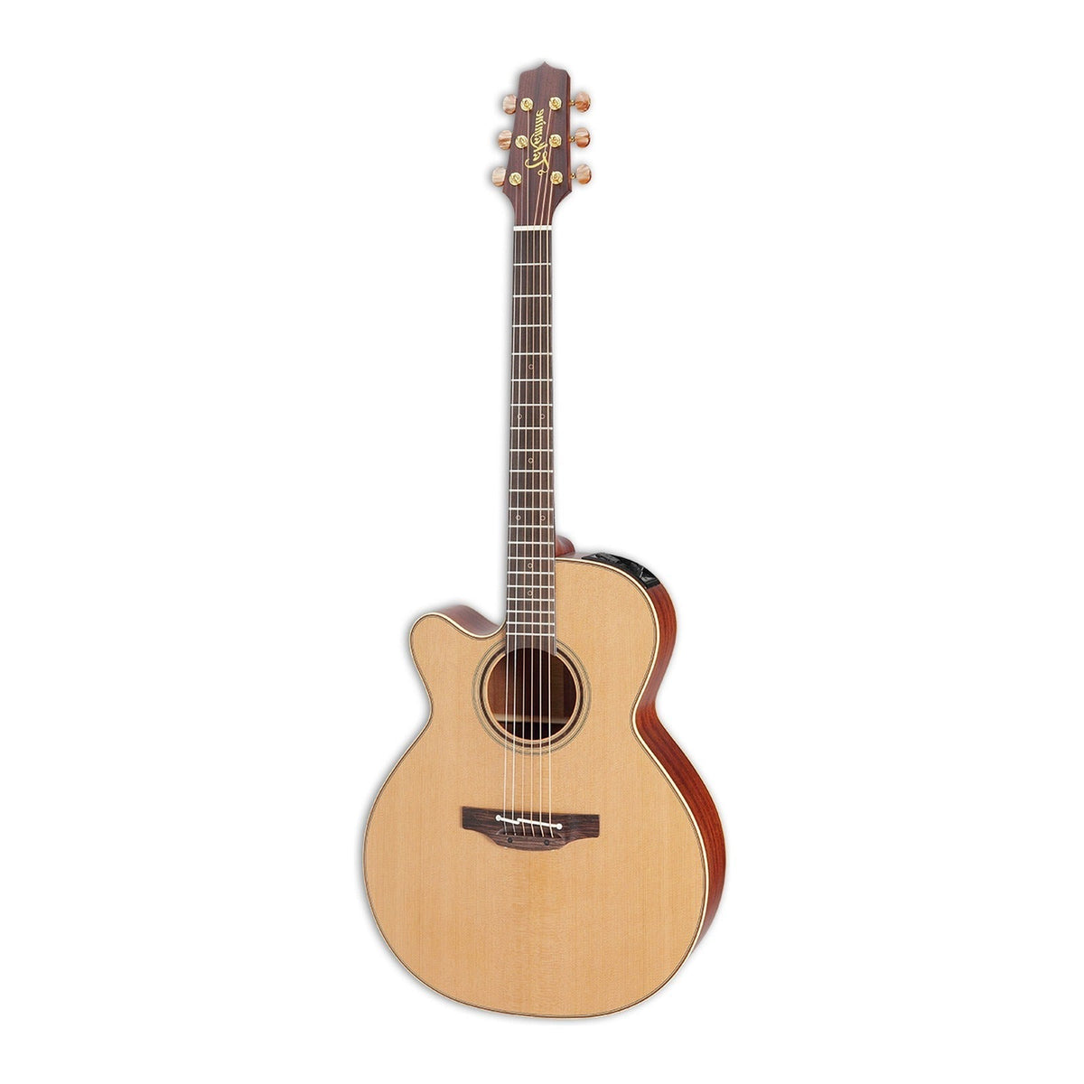 Mirrored from the right-handed model to show the left-handed layout: full front view of the Takamine P3NC NEX cutaway guitar standing upright with the headstock at the top.