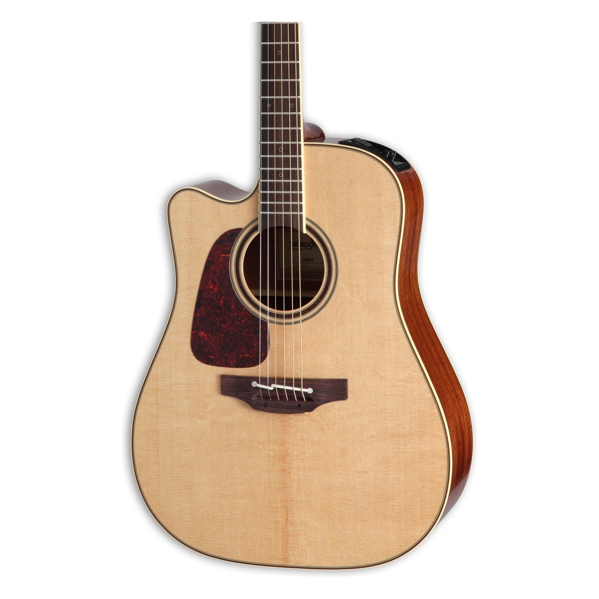 Mirrored from the right-handed model to show the left-handed layout: front of the Takamine P4DC body in a natural gloss finish, solid spruce top, cutaway, soundhole rosette and the lower fretboard.