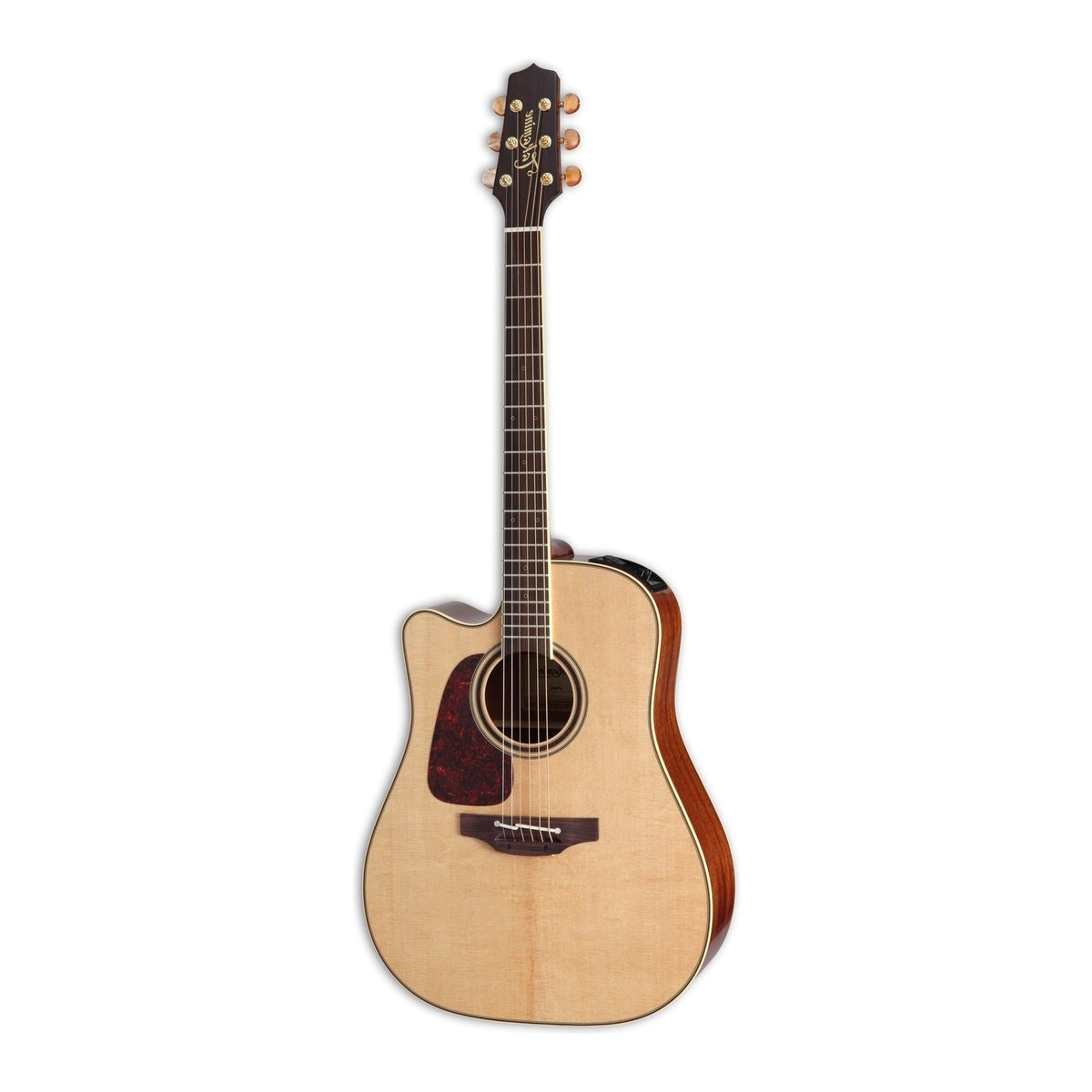 Mirrored from the right-handed model to show the left-handed layout: full front view of the Takamine P4DC dreadnought cutaway guitar standing upright with the headstock at the top.