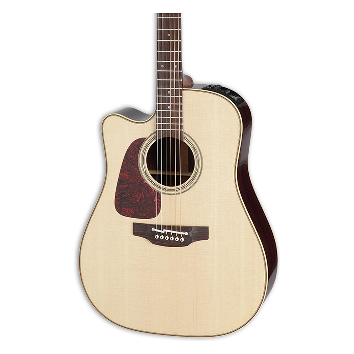 Mirrored from the right-handed model to show the left-handed layout: front of the Takamine P5DC NAT body in a natural gloss finish, solid spruce top, cutaway, soundhole rosette and the lower fretboard.