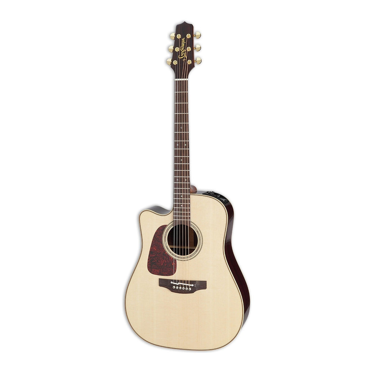 Mirrored from the right-handed model to show the left-handed layout: full front view of the Takamine P5DC NAT dreadnought cutaway guitar standing upright with the headstock at the top.
