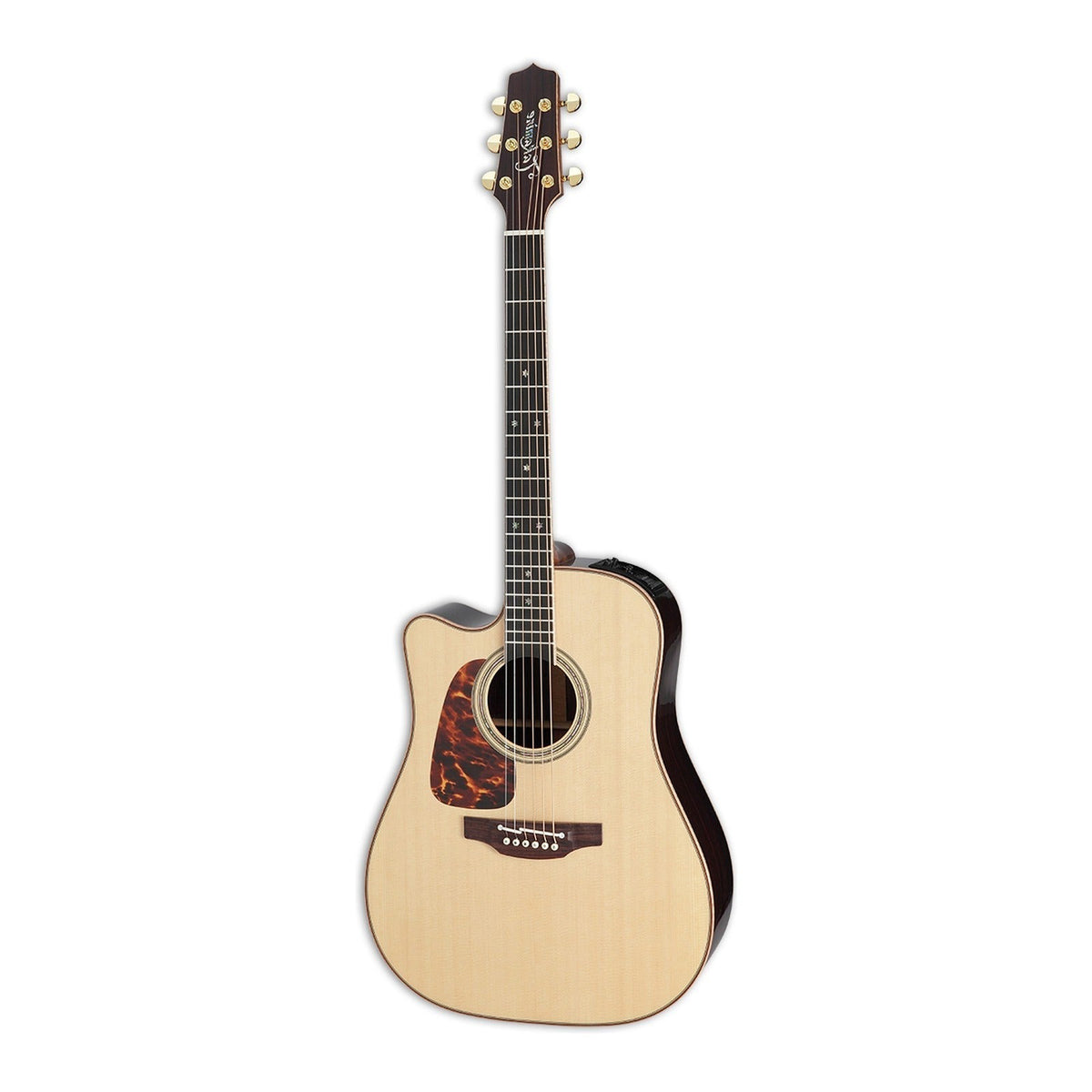 Mirrored from the right-handed model to show the left-handed layout: full front view of the Takamine P7DC dreadnought cutaway guitar standing upright with the headstock at the top.