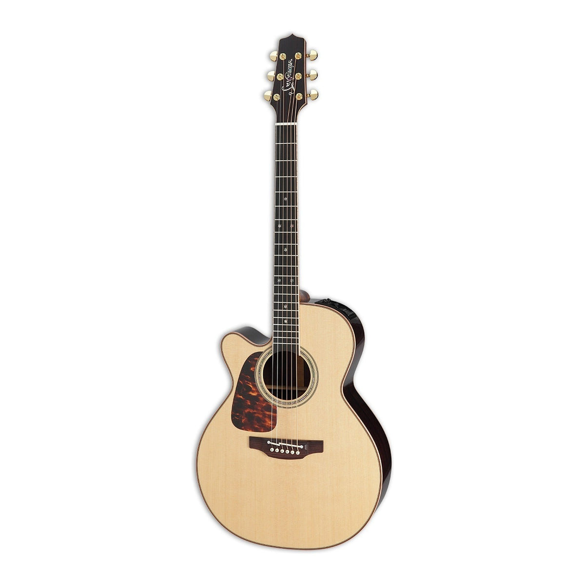 Mirrored from the right-handed model to show the left-handed layout: full front view of the Takamine P7NC NEX cutaway guitar standing upright with the headstock at the top.