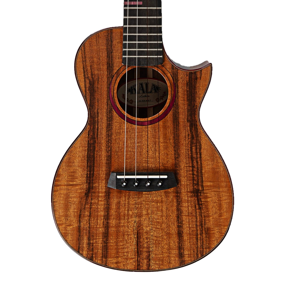 Front of the Kala KA-3CD-ACA-T tenor ukulele, figured solid acacia top with Florentine cutaway, koa and purpleheart rosette and ebony bridge