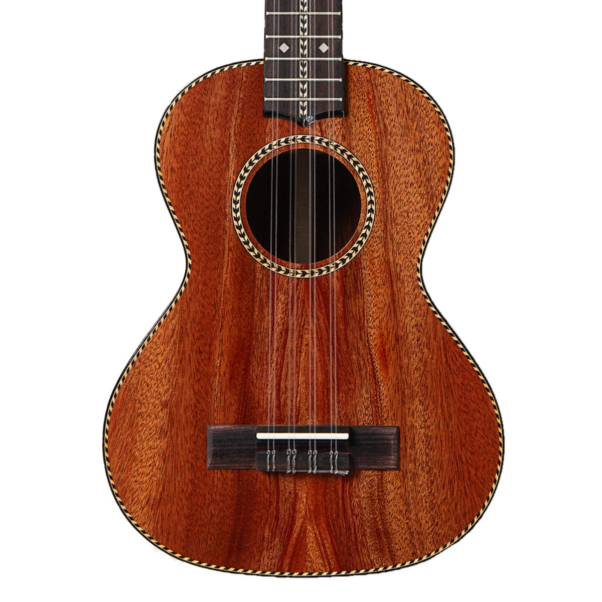 Front of the Kala KA-TARO-ASMH-T 8-string Taro Patch tenor ukulele, solid mahogany top with herringbone rosette and rope binding