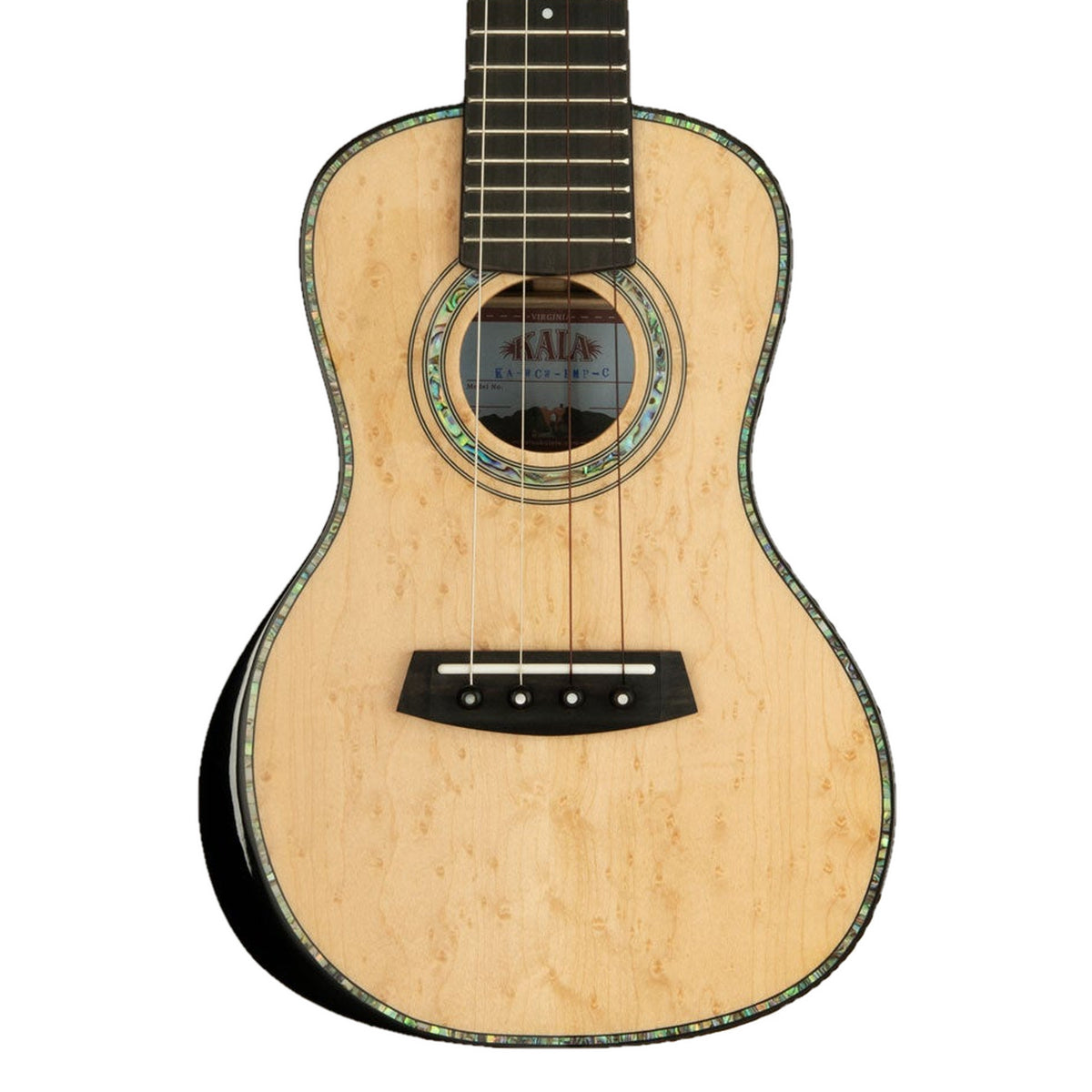Front of the Kala KA-WCW-BMP-C concert ukulele, solid birdseye maple top with abalone rosette and binding