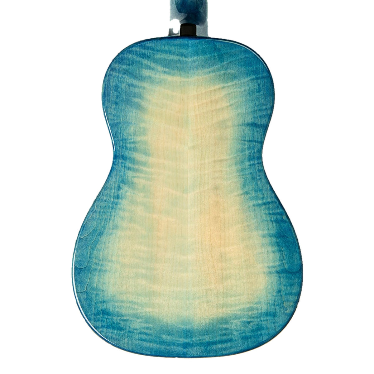 Back of the Kala KA-WF-BLU-AFM-B baritone ukulele, blue burst solid flame maple back