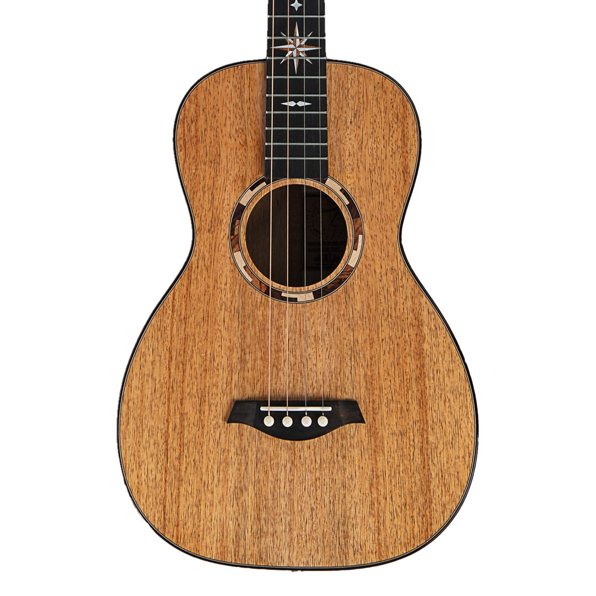 Front of the Kala KA-WP-MNG-GB-E Waypoint grand baritone ukulele, solid golden mango top with compass star fretboard inlay