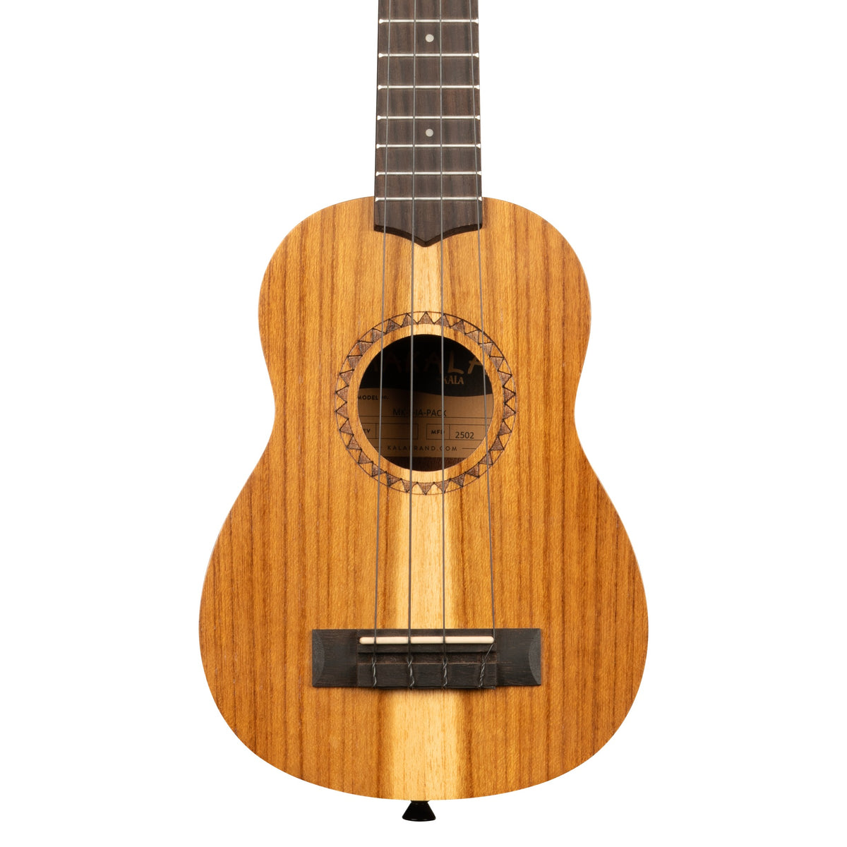 Front of the Makala acacia soprano ukulele from the Kala MK-S-IA-PACK, satin acacia top with patterned rosette