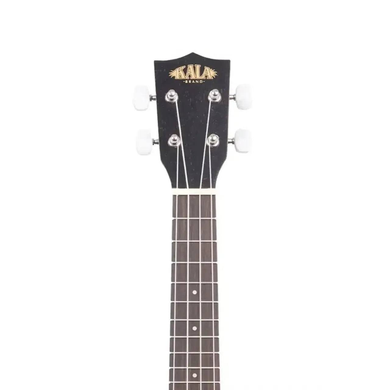 Kala 15S-BLK soprano ukulele headstock with black finish, white tuning pegs, and Kala logo.