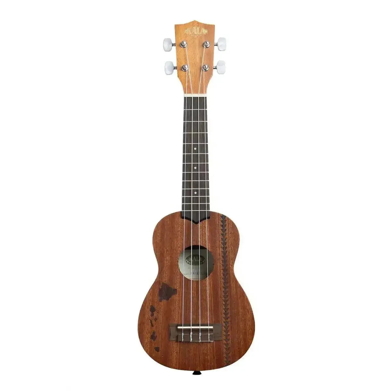 Kala 15S-H2 mahogany soprano ukulele with laser-etched Hawaiian island and tattoo design.