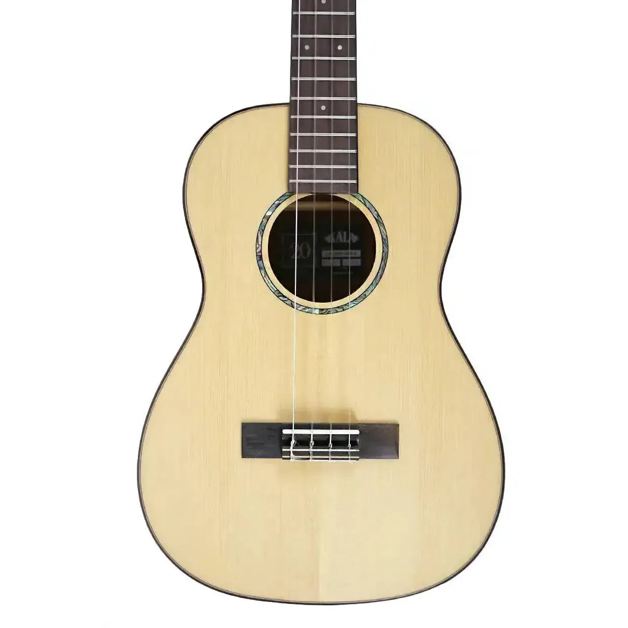 Kala 20th Anniversary Baritone Ukulele with solid spruce top, dark binding, and iridescent rosette.