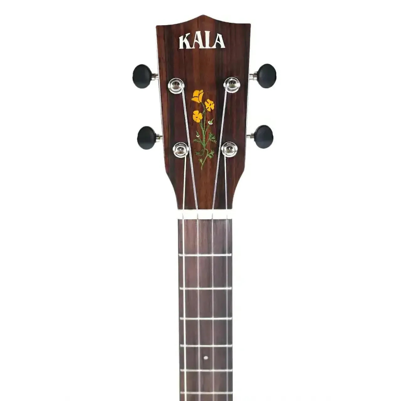 Kala 20th Anniversary Baritone Ukulele headstock with rosewood, poppy inlay, and black tuning pegs.