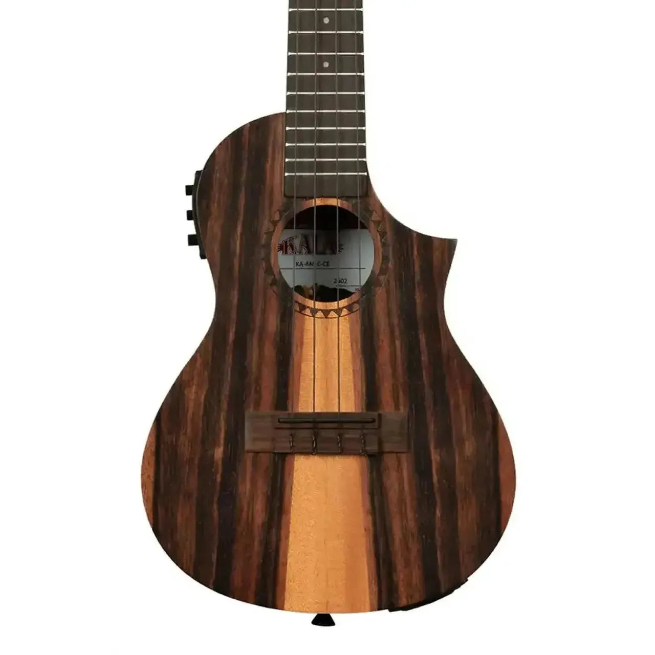 Kala Amara Trip-Top Concert Ukulele with dark striped wood, cutaway, and EQ controls.