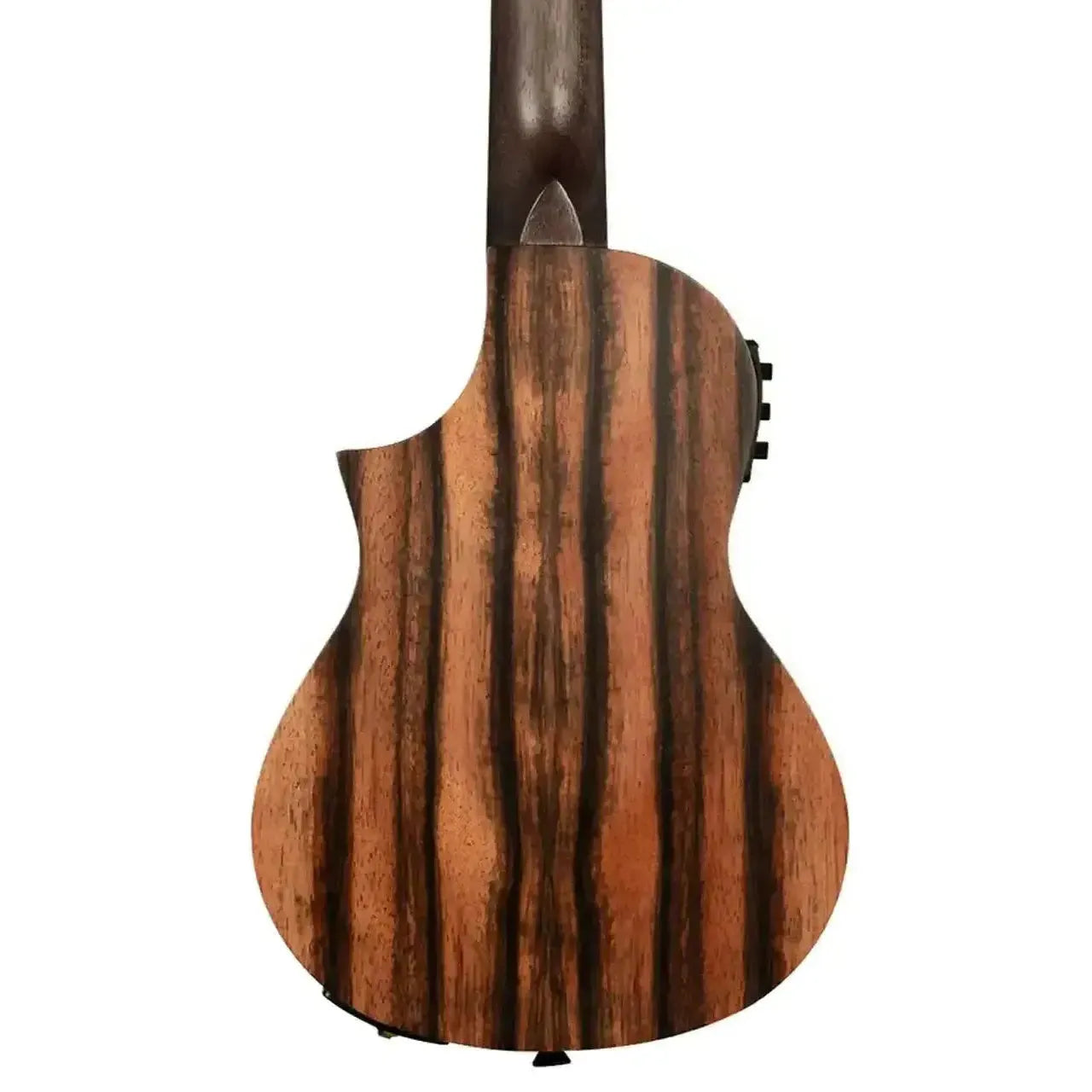Back of a Kala Amara Trip-Top Concert Ukulele with dark striped wood grain and Florentine cutaway.